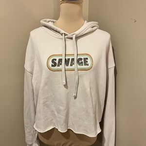 Savage Barbell Oversized Cropped Cream Logo Hoodie 70s Inspires Print,  Large